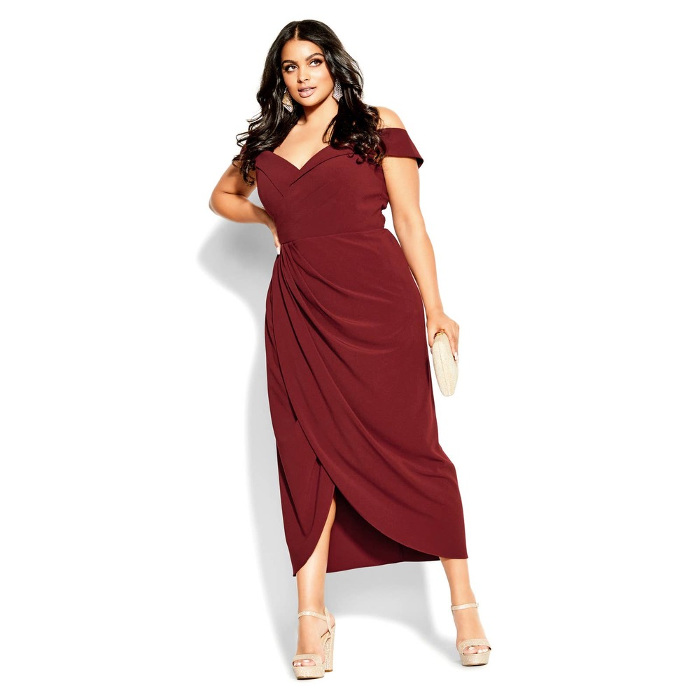 City Chic Off-Shoulder Maxi Dress in Wine